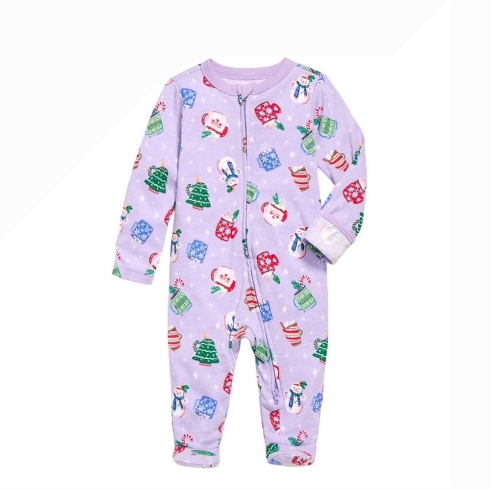 Old Navy Baby Purple Christmas Hot Cocoa Snowman 2-Way Zip‎ Footed Sleeper 3-6M